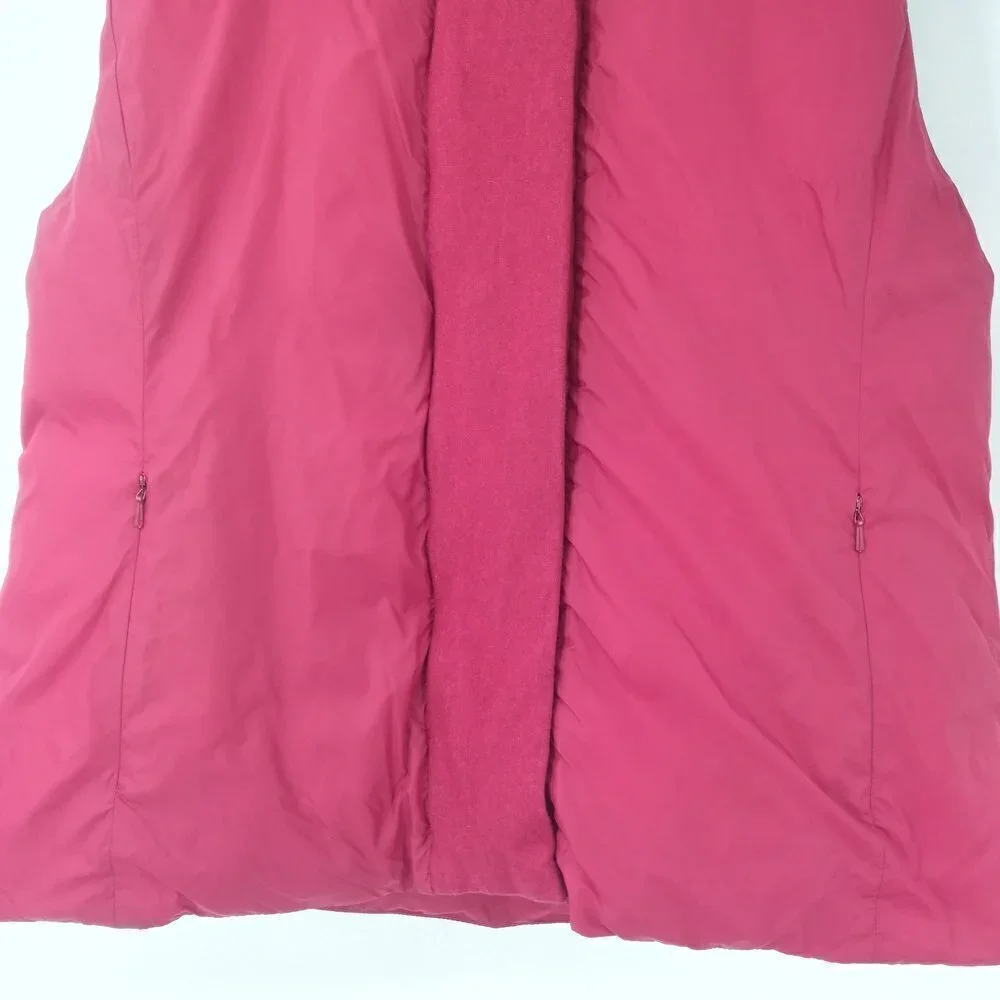 Eileen Fisher Red Down Puffer Vest Size M Pockets Hood Zipper Snap Classic